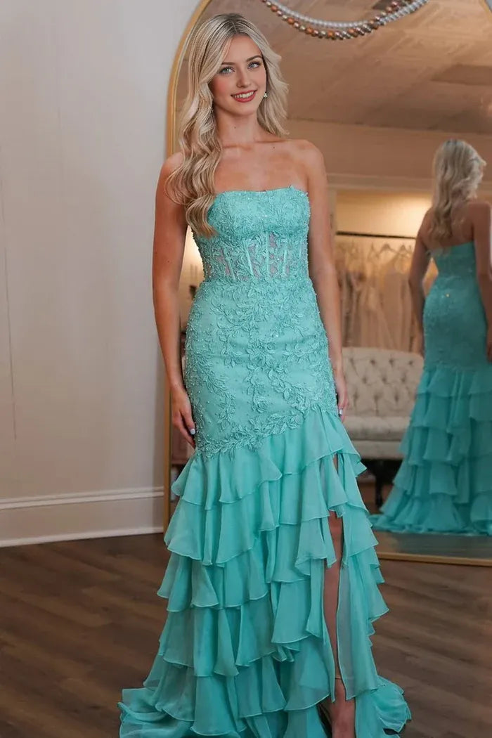 Weitese Dress Mint Green Mermaid Strapless Lace Top Maxi Dress Prom Dress With Tiered